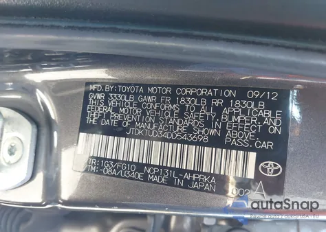 2013 Toyota Yaris L from USA, damaged, VIN JTDKTUD34DD543698